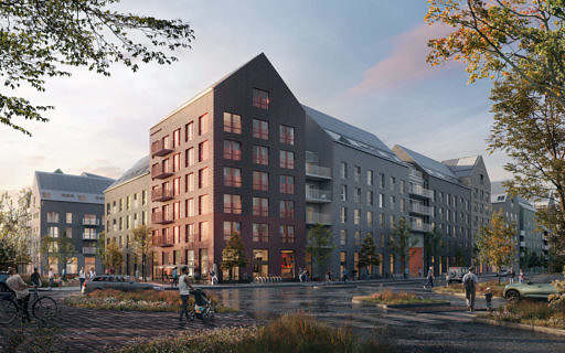 Rendering av område med flerbostadshus i Linköping.