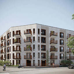 Rendering av ett flerbostadshus i kvarteret Autogyron, Örebro.